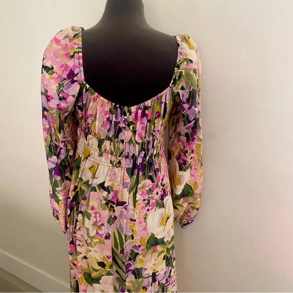 NWT H&M LONG BALLOON SLEEVE SMOCKED FLORAL SWEETHEART NECKLINE MIDI DRESS MEDIUM - Picture 7 of 10